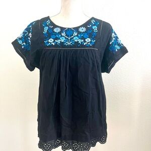 Rebecca Taylor Black Blouse with Blue Embroidery